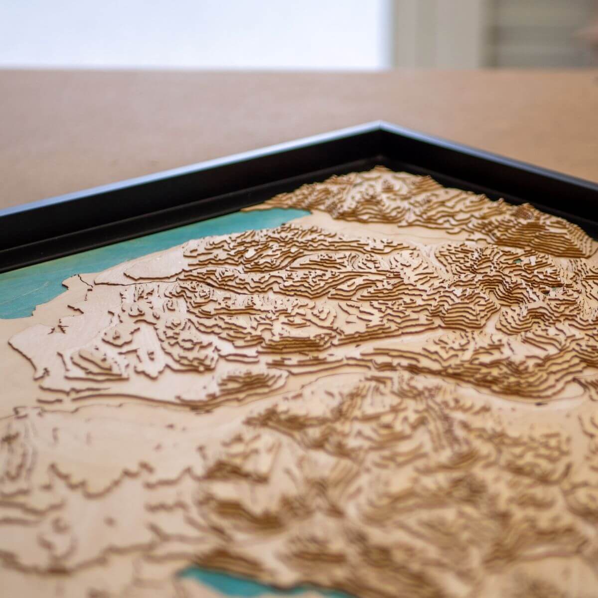 Détails du relief de la carte de la Haute-Savoie en bois